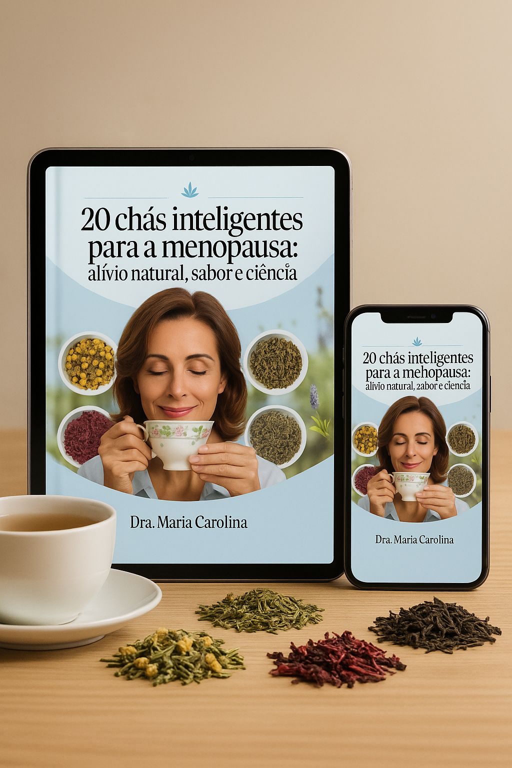 Mockup do eBook impresso e digital sobre mesa com chás e ervas frescas.