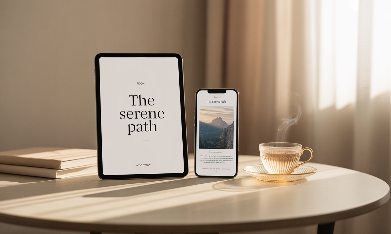 Mockup do eBook em tablet e celular sobre mesa com xícara de chá fumegante.