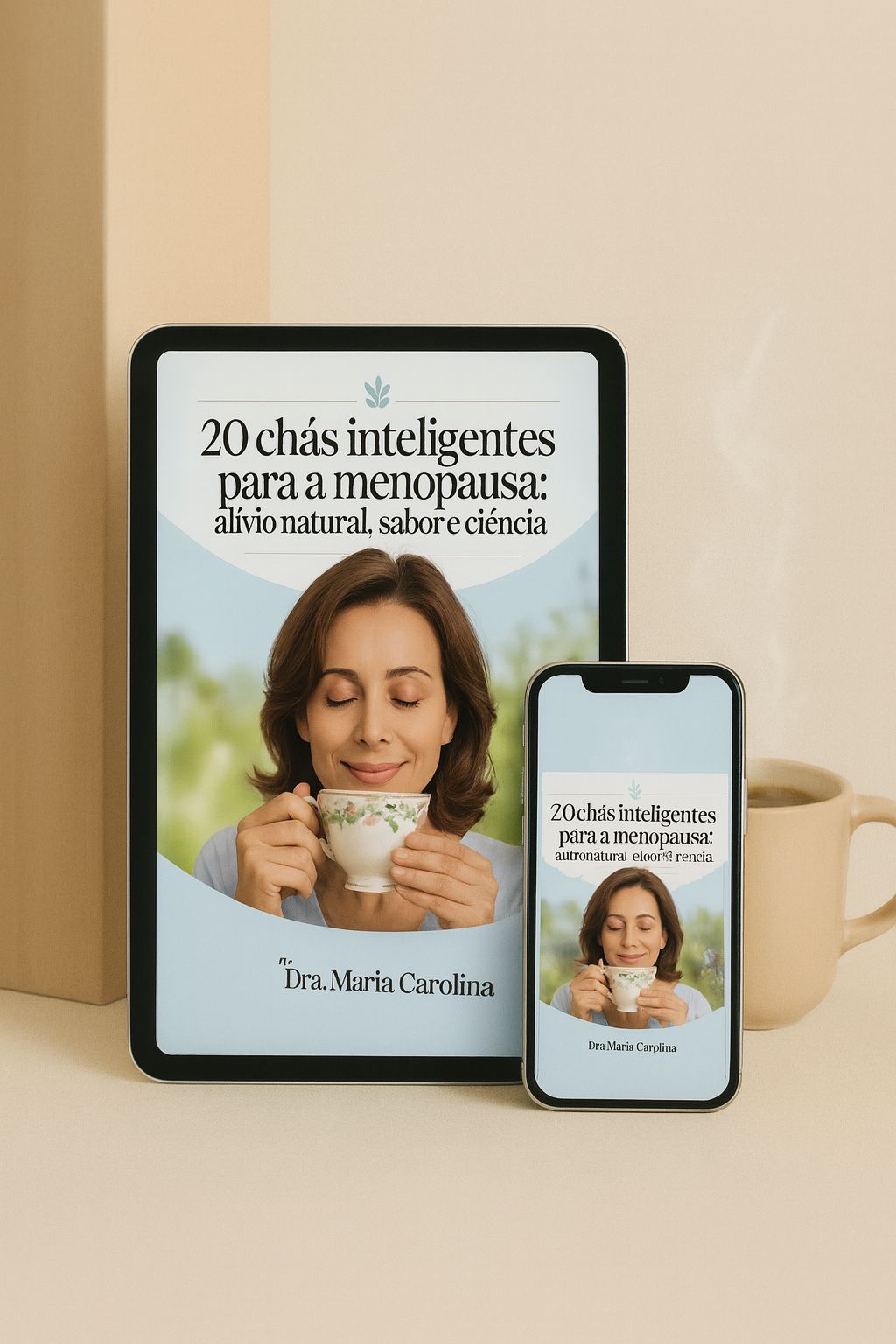 Mockup do eBook em tablet vertical com celular ao lado e raminhos de ervas.