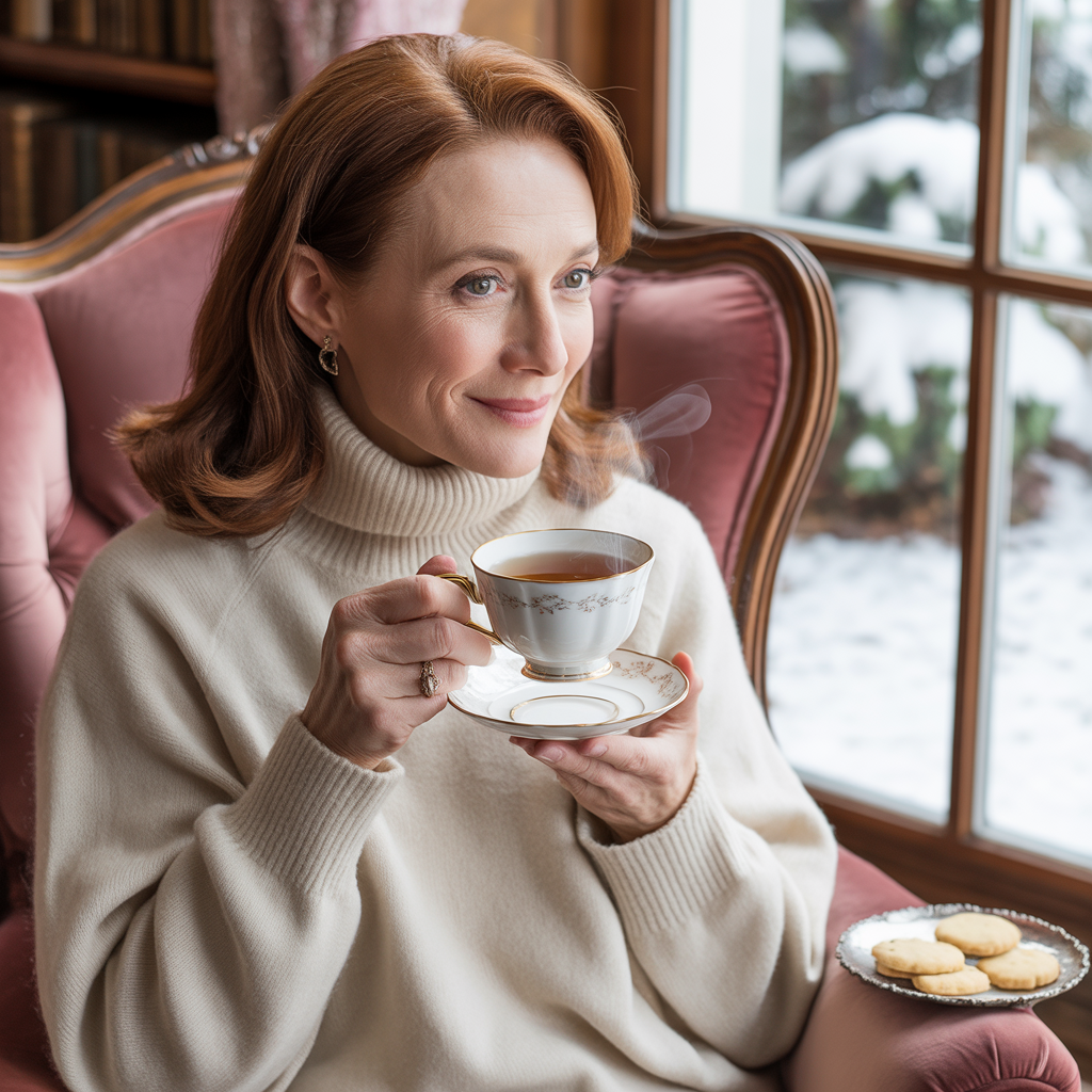 Mulher 50+ de cabelos grisalhos, sorrindo com uma xícara de chá perto da janela.
