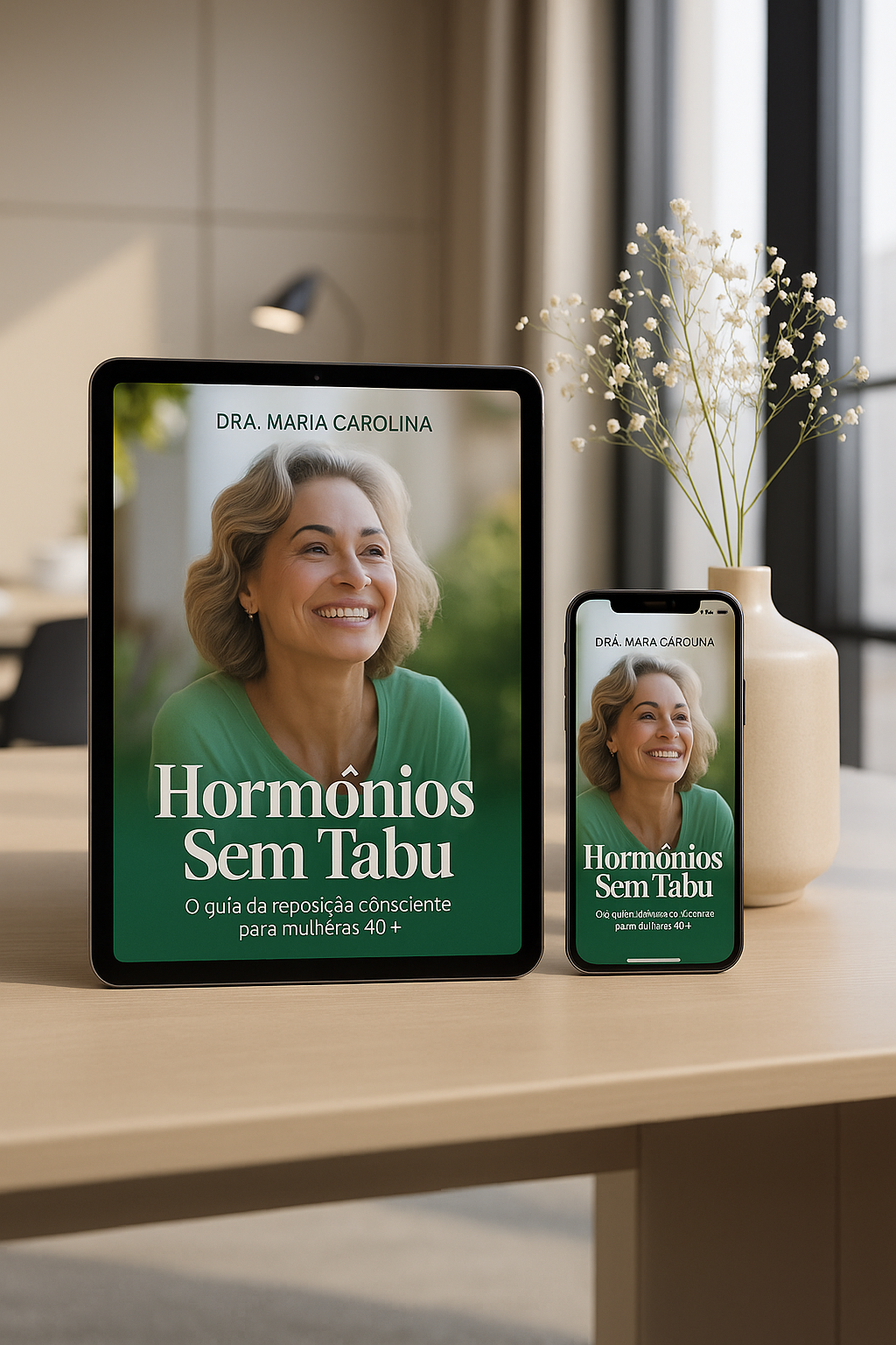 Infográfico com benefícios: fogachos, sono, clareza, libido e saúde óssea/cardio.