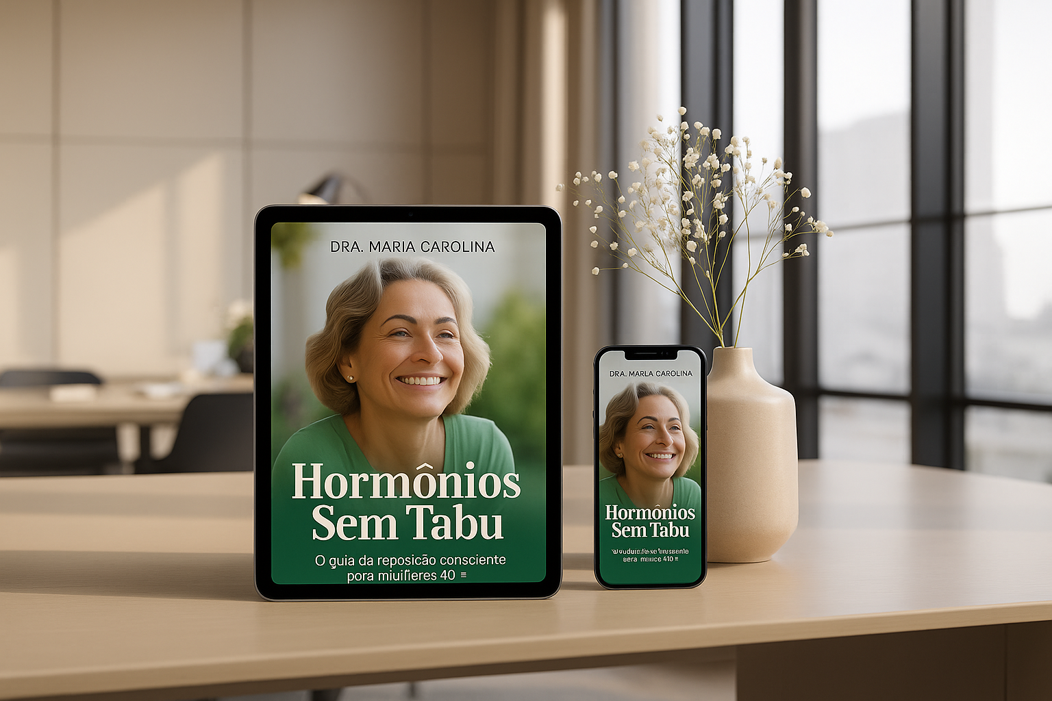 Mulher 45–55 sorrindo, alívio e empoderamento com um tablet nas mãos.