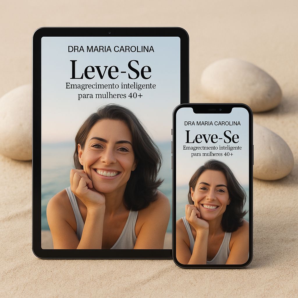 Mockup do eBook Leve-se em celular e tablet sobre fundo elegante em tons teal e areia.