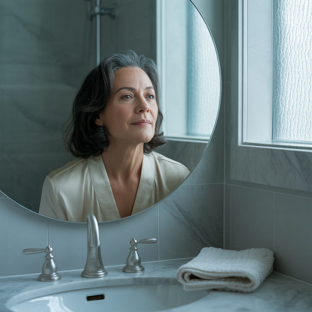 Mulher 40–50 sorrindo, olhando-se no espelho, com roupas leves de treino; atmosfera de leveza.